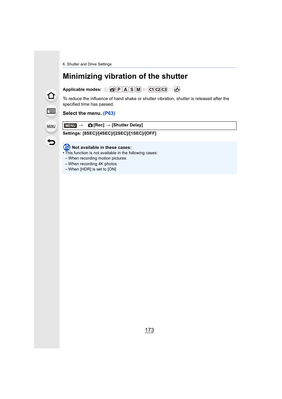 Minimizing vibration of the shutter | Panasonic Lumix GX8 User Manual | Page 173 / 403