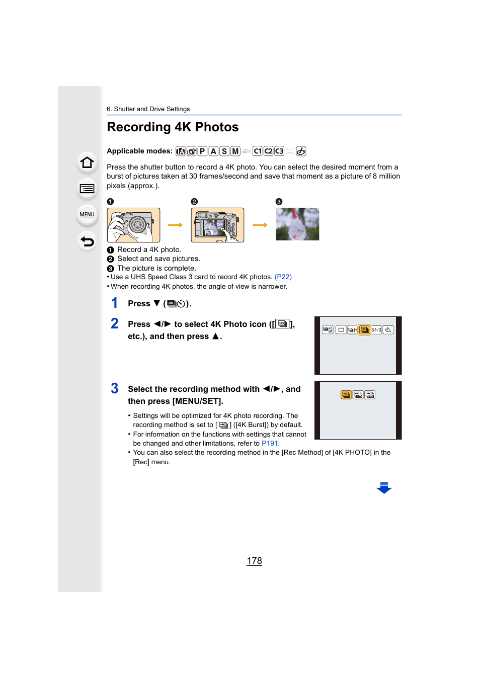 Recording 4k photos, P178, P178) | Panasonic Lumix GX8 User Manual | Page 178 / 403