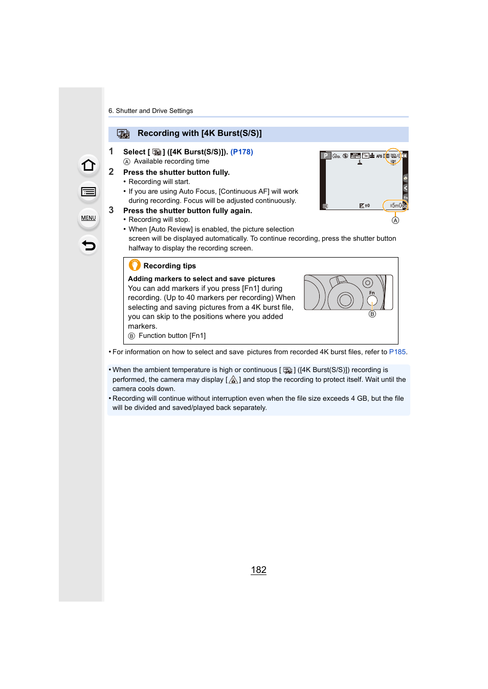 Recording with [4k burst(s/s), P182) | Panasonic Lumix GX8 User Manual | Page 182 / 403