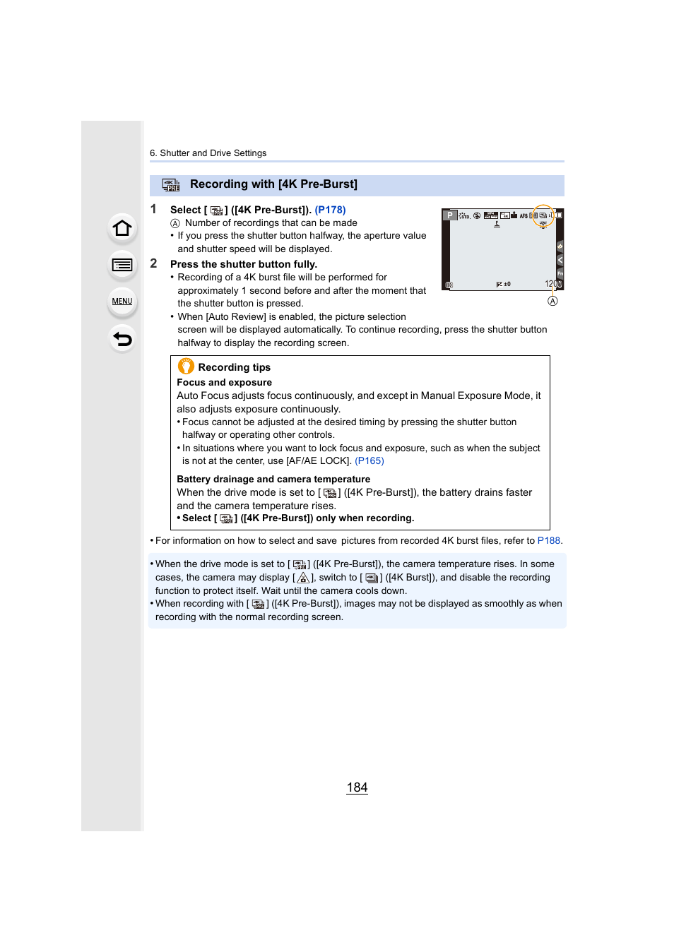 Recording with [4k pre-burst, P184) | Panasonic Lumix GX8 User Manual | Page 184 / 403