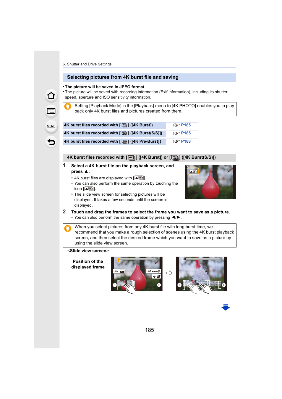 Selecting pictures from 4k burst file and saving, P185 | Panasonic Lumix GX8 User Manual | Page 185 / 403