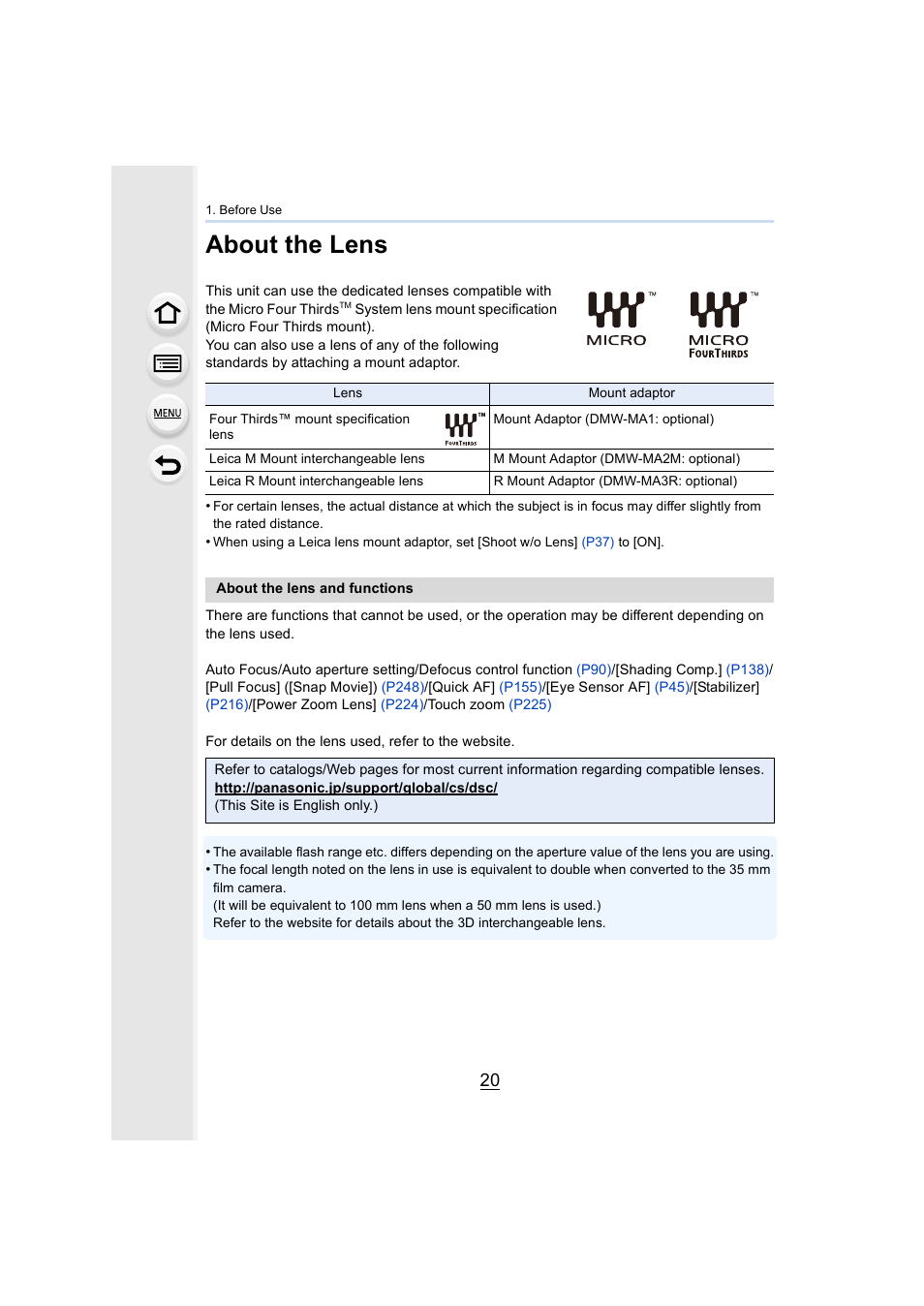 About the lens | Panasonic Lumix GX8 User Manual | Page 20 / 403