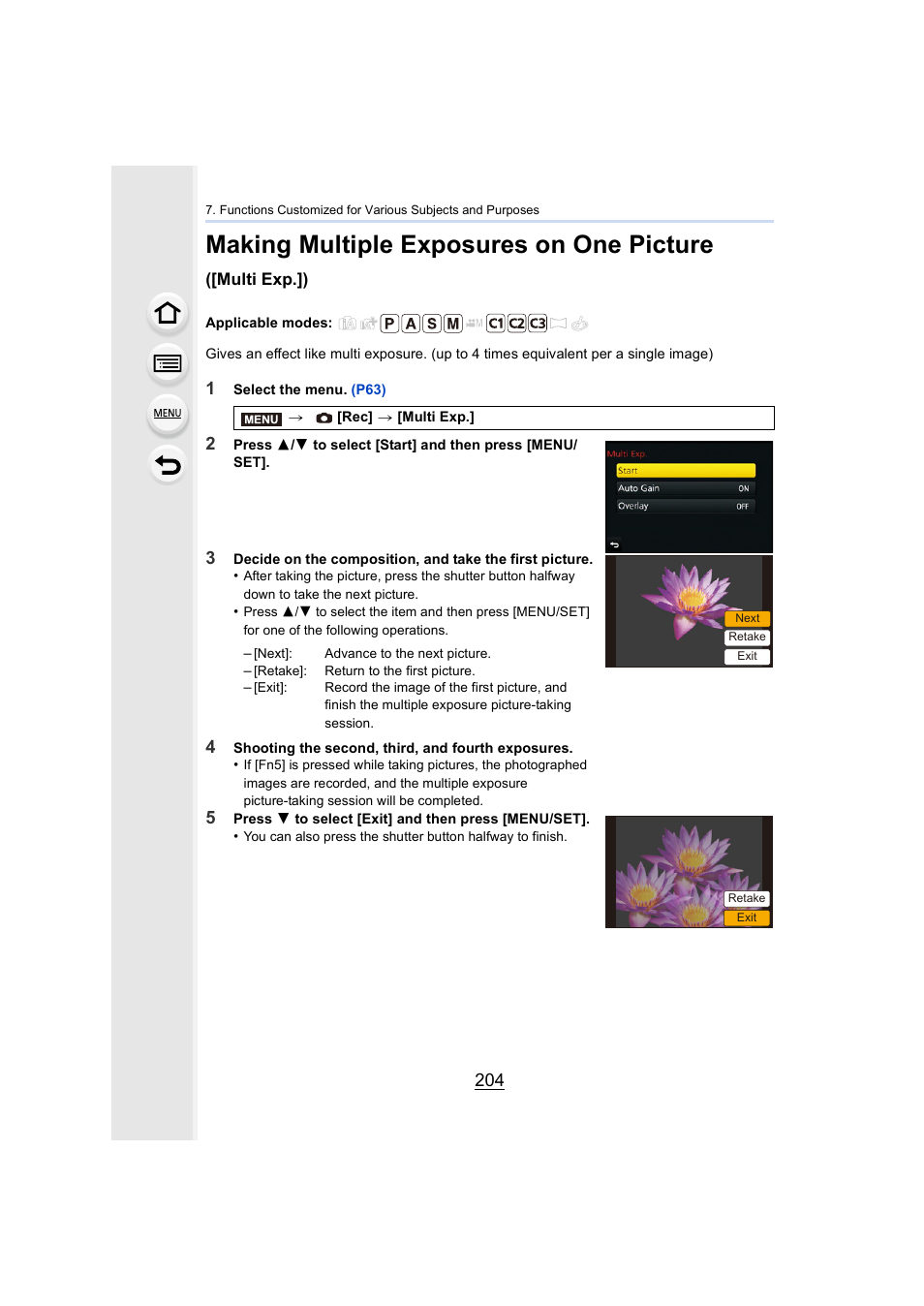 P204, Making multiple exposures on one picture | Panasonic Lumix GX8 User Manual | Page 204 / 403