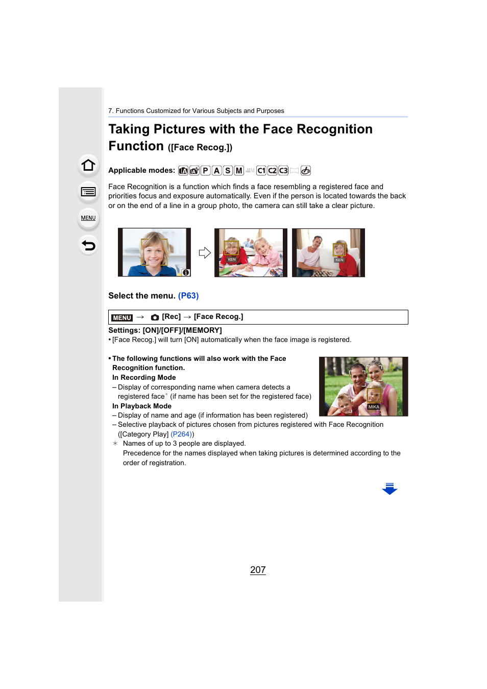 Taking pictures with the face recognition function, Face recog.]), Select the men u. (p63) | Panasonic Lumix GX8 User Manual | Page 207 / 403