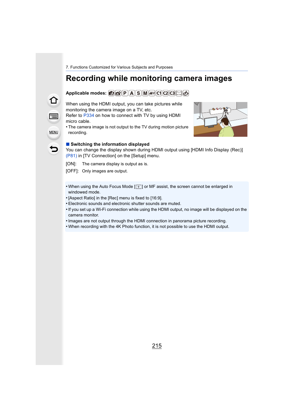 Recording while monitoring camera images, P215 | Panasonic Lumix GX8 User Manual | Page 215 / 403