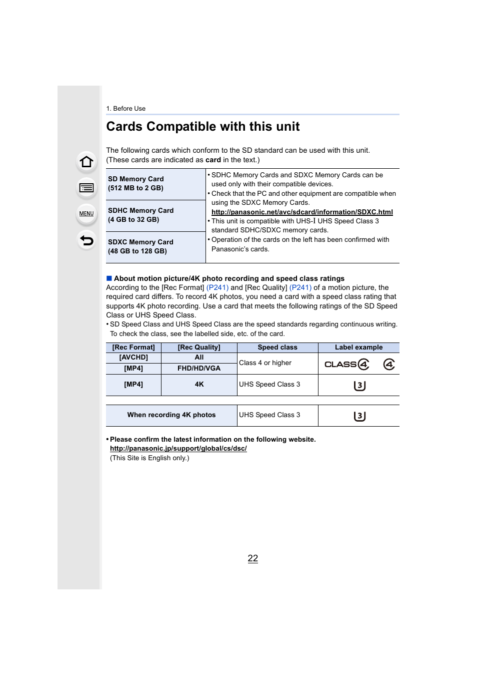 Cards compatible with this unit | Panasonic Lumix GX8 User Manual | Page 22 / 403
