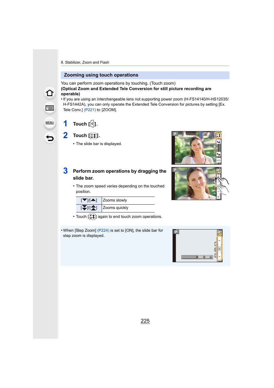 Zooming using touch operations, P225) | Panasonic Lumix GX8 User Manual | Page 225 / 403