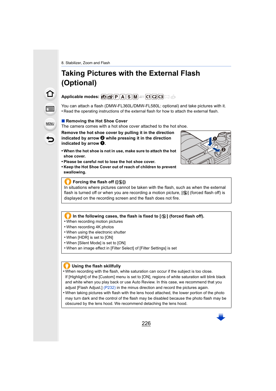 Taking pictures with the external flash (optional), Oe (hot shoe cover), P226) | P226 | Panasonic Lumix GX8 User Manual | Page 226 / 403