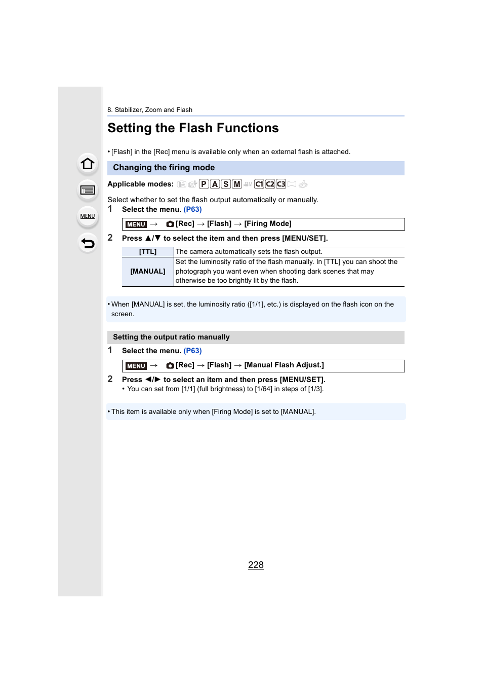 Setting the flash functions, Changing the firing mode | Panasonic Lumix GX8 User Manual | Page 228 / 403