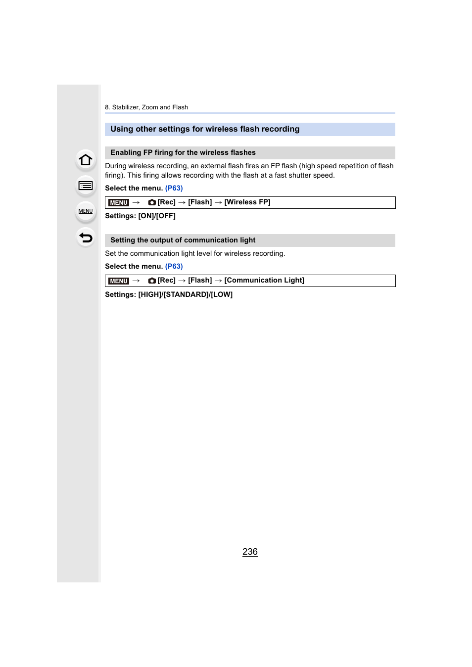 Using other settings for wireless flash recording | Panasonic Lumix GX8 User Manual | Page 236 / 403