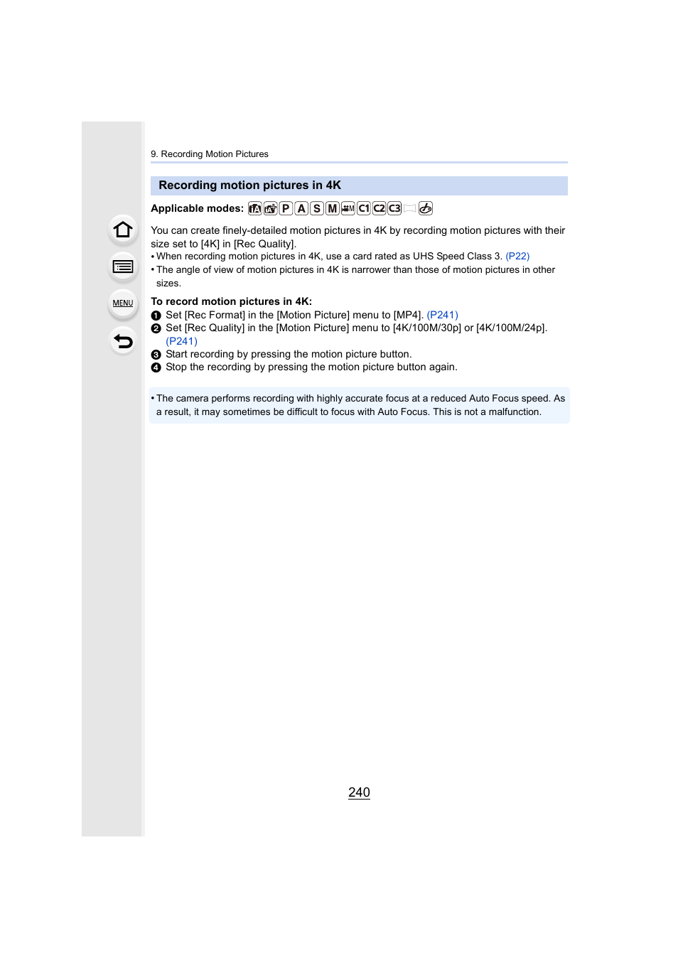 Recording motion pictures in 4k, P240, P240) | Panasonic Lumix GX8 User Manual | Page 240 / 403