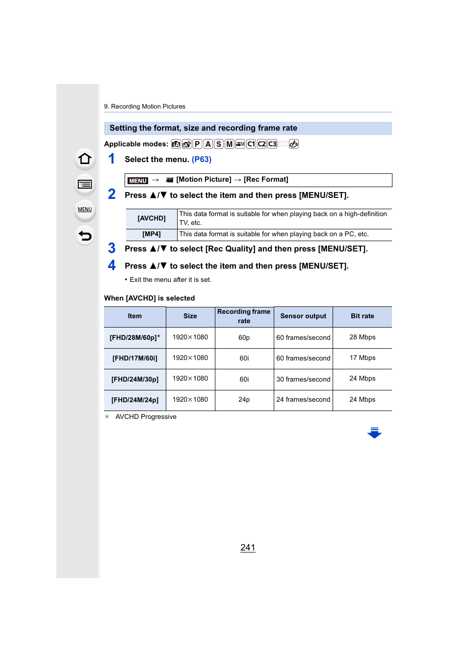 Setting the format, size and recording frame rate, P241, P241) | Panasonic Lumix GX8 User Manual | Page 241 / 403