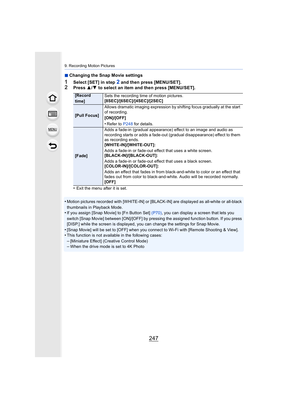 Changing the snap movie settings, P247 | Panasonic Lumix GX8 User Manual | Page 247 / 403