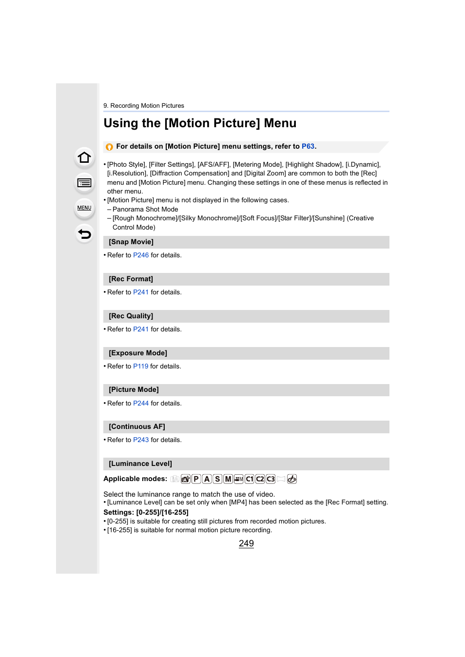 Using the [motion picture] menu, P249 | Panasonic Lumix GX8 User Manual | Page 249 / 403