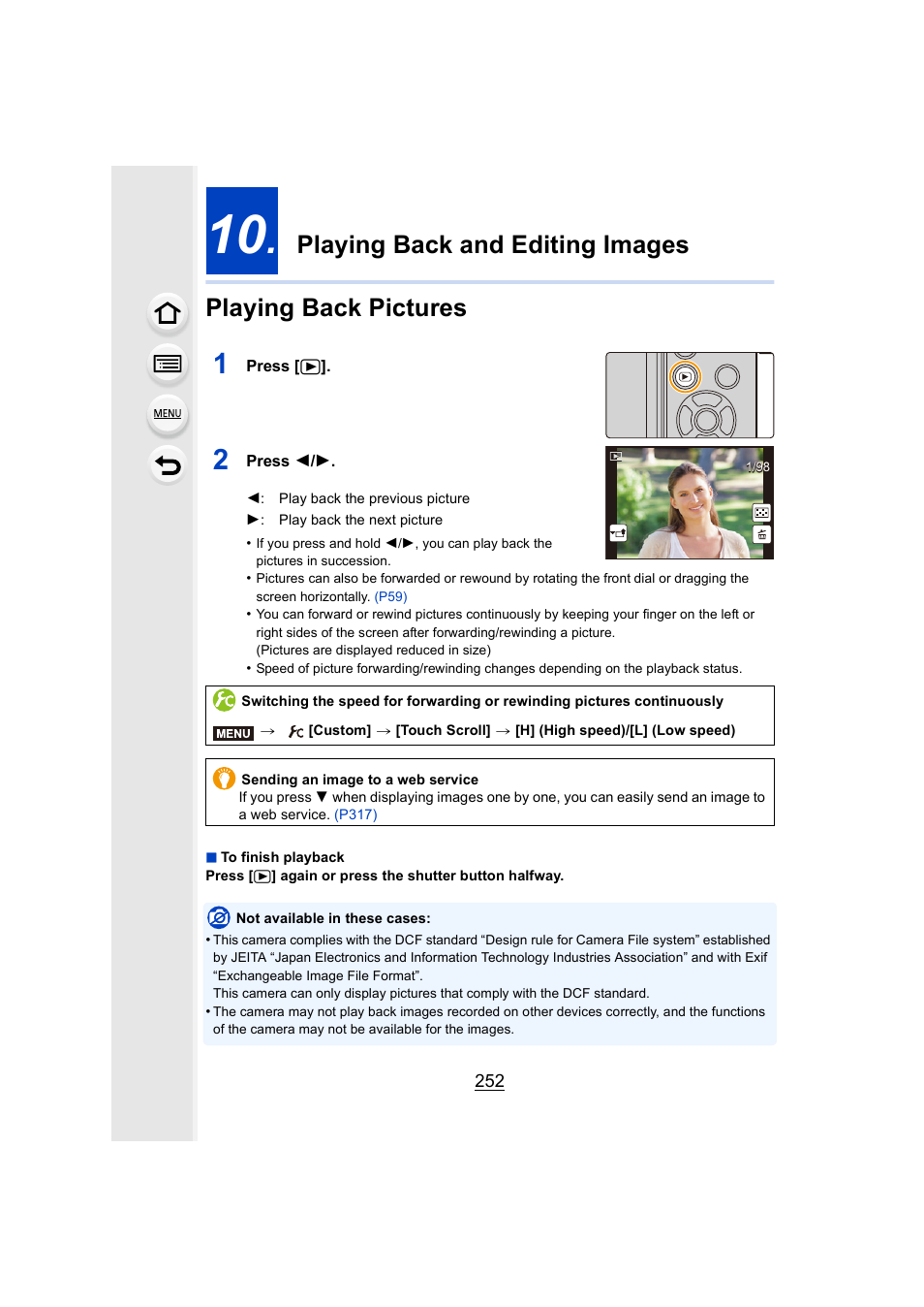 Playing back and editing images, Playing back pictures, P252) | P252, Button | Panasonic Lumix GX8 User Manual | Page 252 / 403