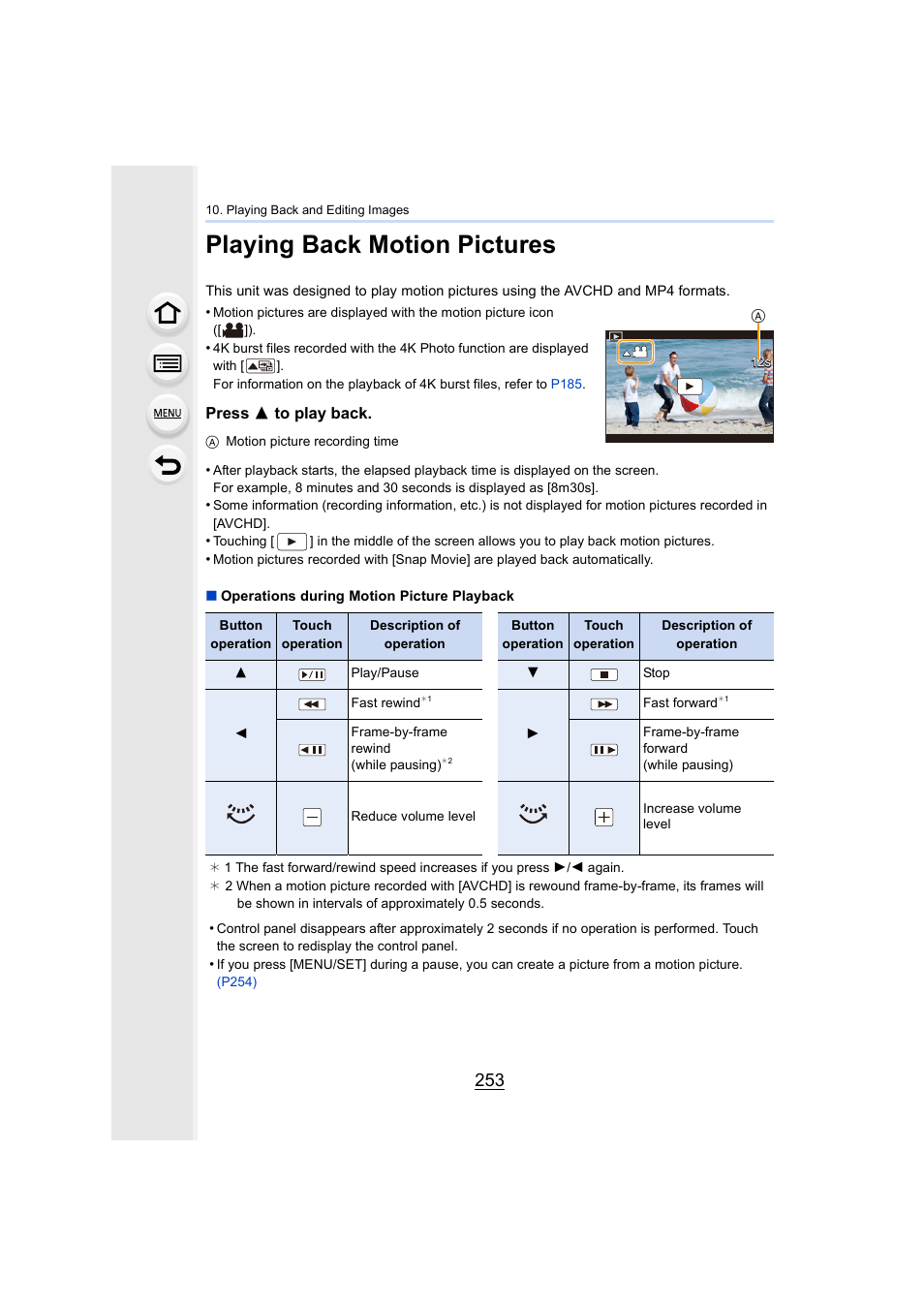 Playing back motion pictures, P253, Press 3 to play back | Panasonic Lumix GX8 User Manual | Page 253 / 403