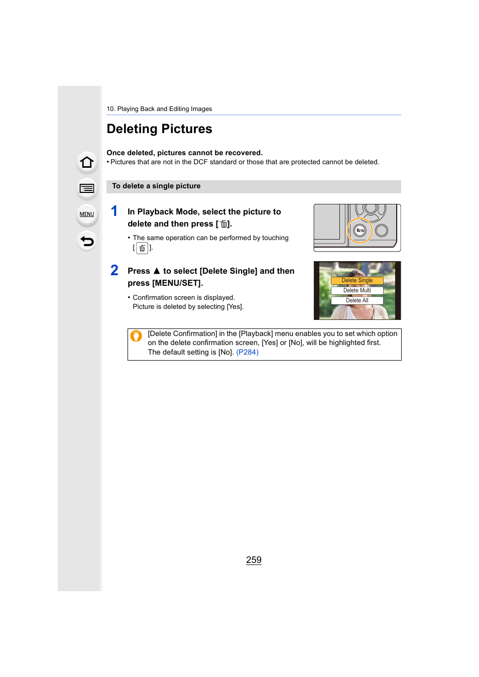 Deleting pictures, P259, Tton | P259) | Panasonic Lumix GX8 User Manual | Page 259 / 403