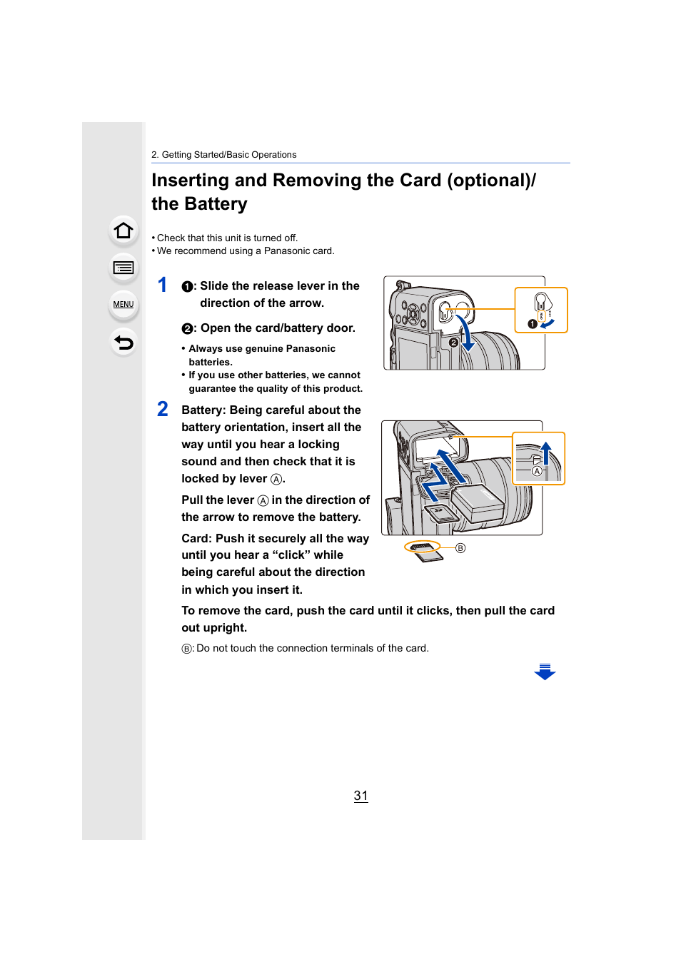 P31), Release lever, Card/battery door | Panasonic Lumix GX8 User Manual | Page 31 / 403