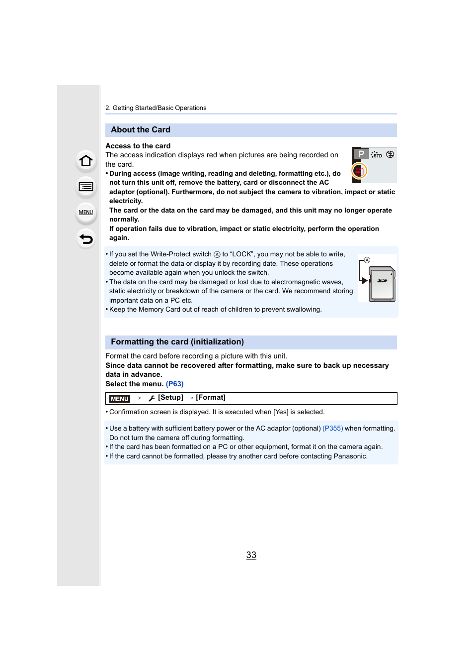 About the card, Formatting the card (initialization), P33) | Panasonic Lumix GX8 User Manual | Page 33 / 403