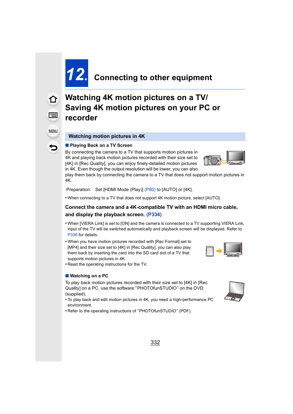 Connecting to other equipment, Watching motion pictures in 4k | Panasonic Lumix GX8 User Manual | Page 332 / 403