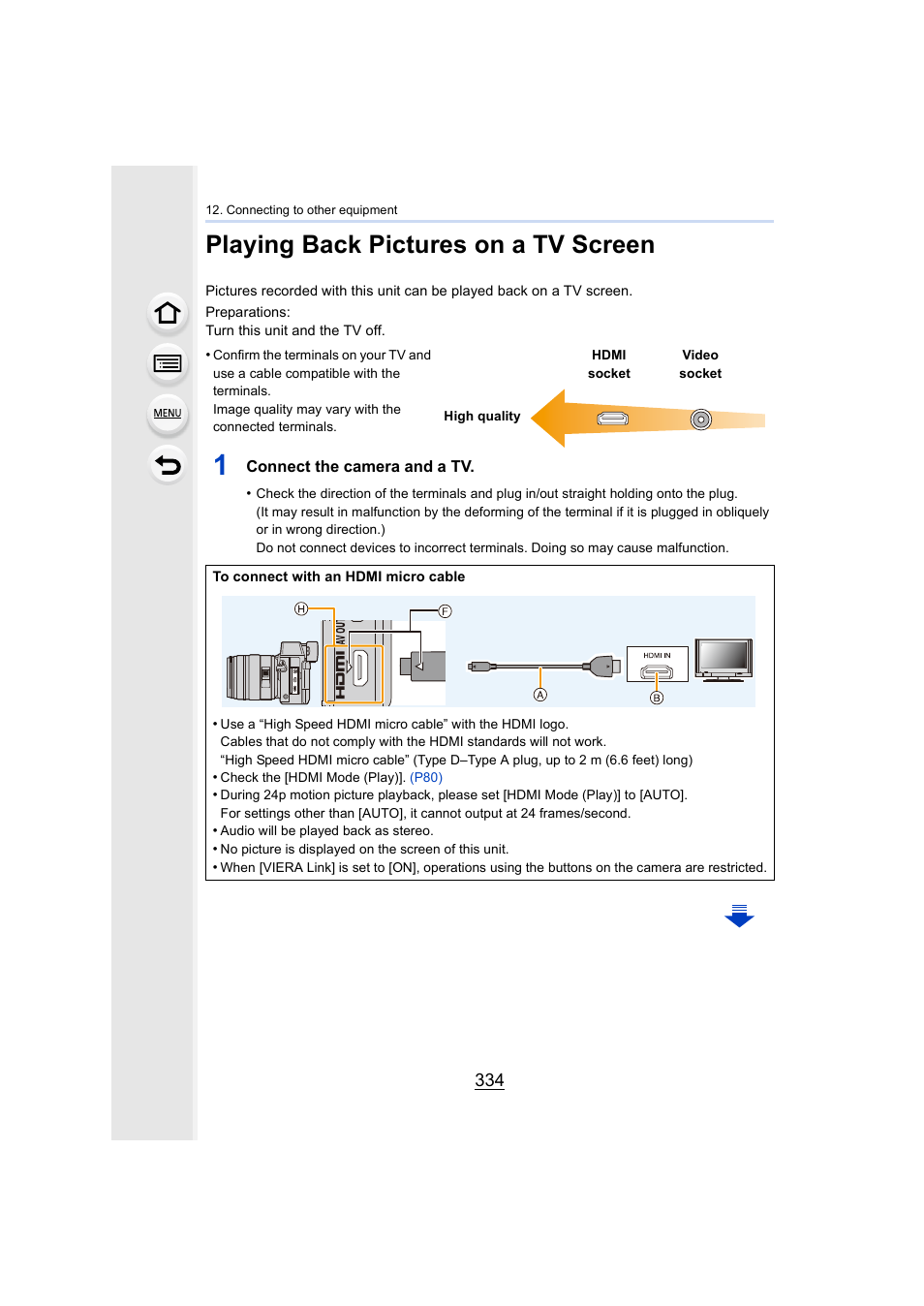 Playing back pictures on a tv screen, P334, Hdmi] socket | P334) | Panasonic Lumix GX8 User Manual | Page 334 / 403