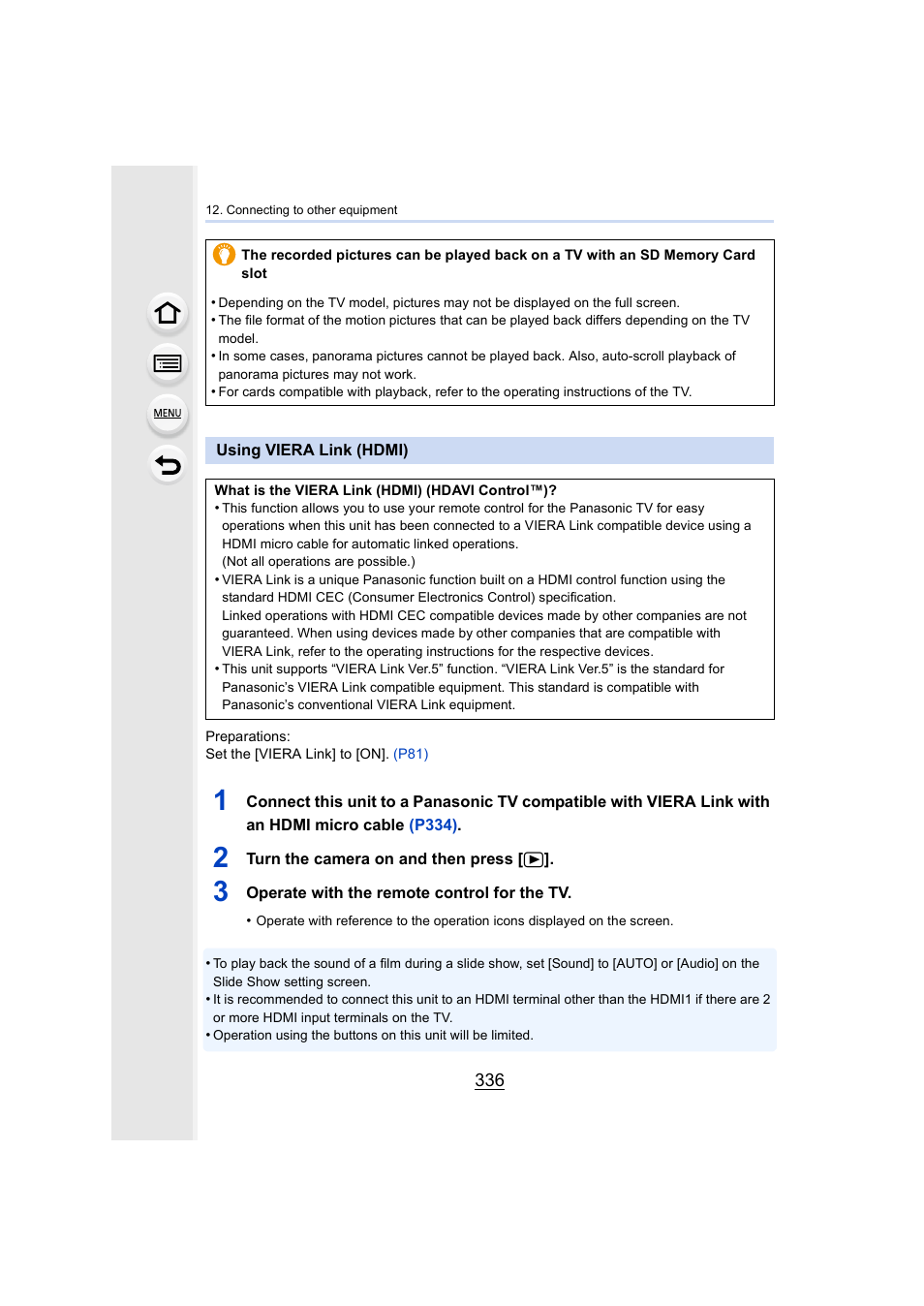 Using viera link (hdmi), P336, P336) | Panasonic Lumix GX8 User Manual | Page 336 / 403