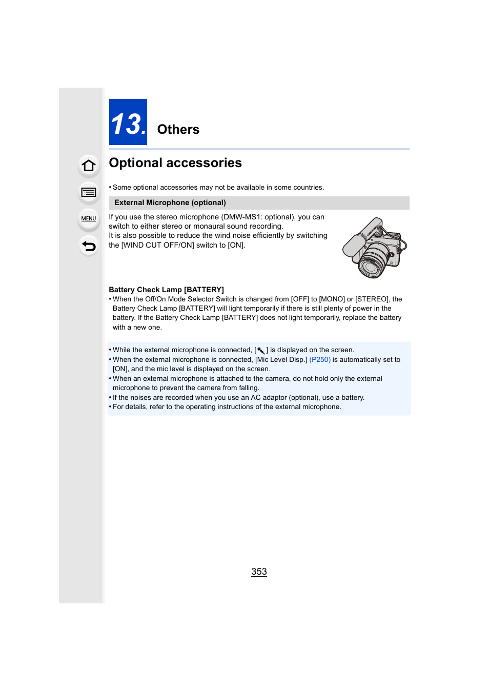 Others, Optional accessories, Remote/mic] socket | Others optional accessories | Panasonic Lumix GX8 User Manual | Page 353 / 403
