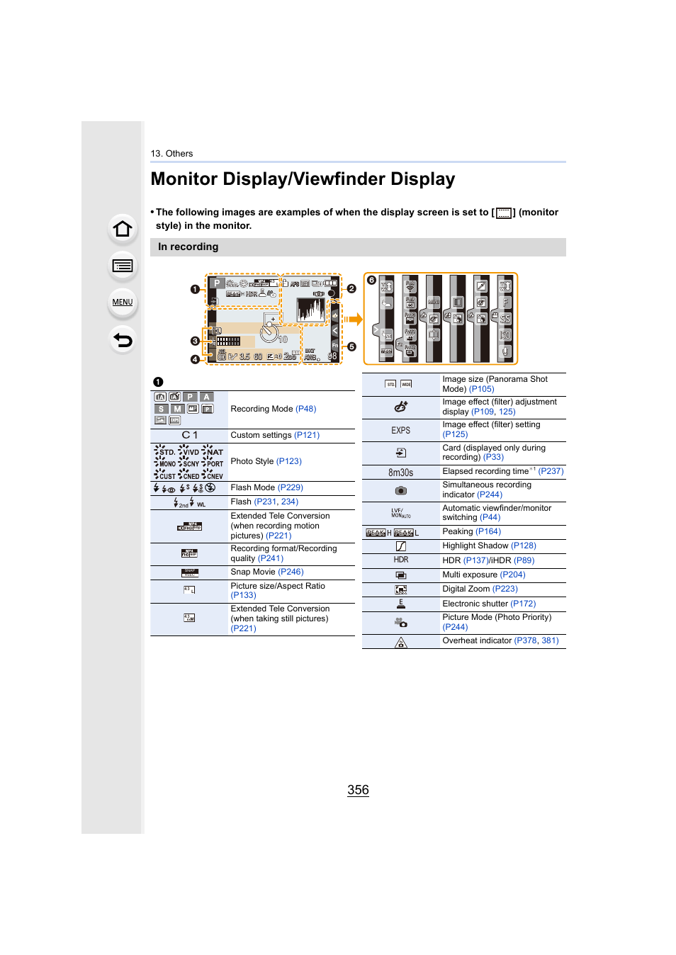 Monitor display/viewfinder display, P356, Monitor | P356), Monitor display, Viewfinder display, 8m30s, Exps, Others | Panasonic Lumix GX8 User Manual | Page 356 / 403