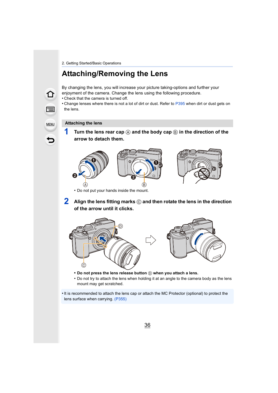 Attaching/removing the lens, P36), Lens fitting mark | Panasonic Lumix GX8 User Manual | Page 36 / 403