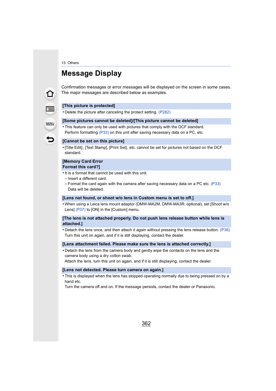 Message display, P362, P362) | Panasonic Lumix GX8 User Manual | Page 362 / 403