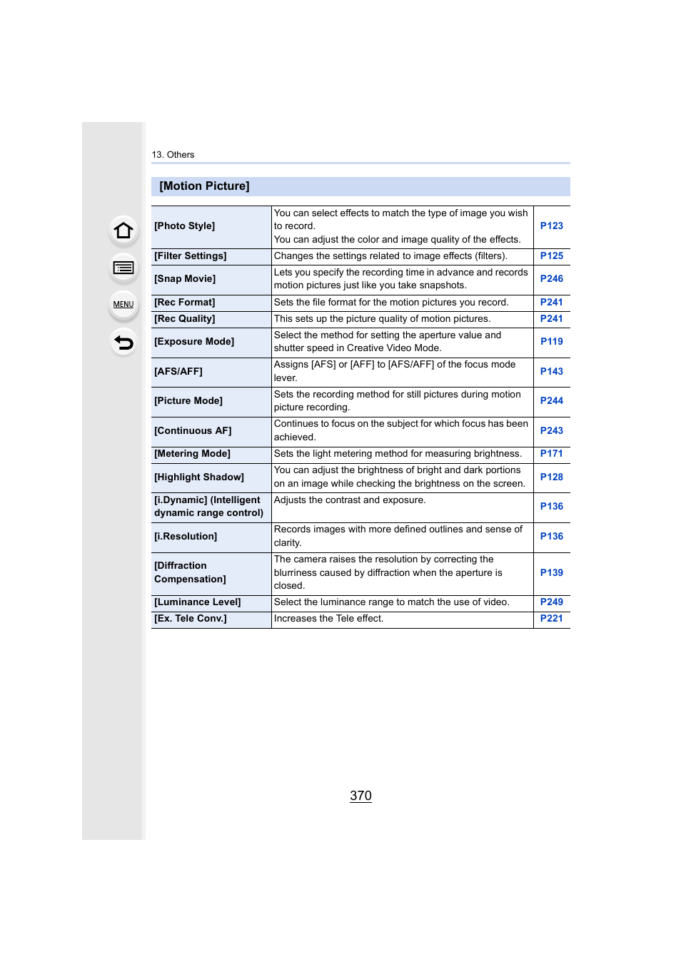 Motion picture, P370), P370 | Panasonic Lumix GX8 User Manual | Page 370 / 403