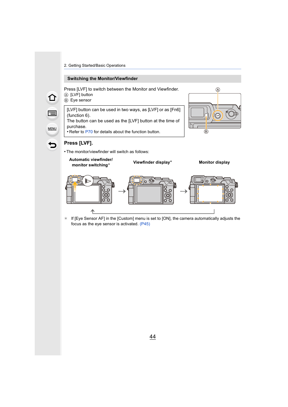 Inder, P44), Button | Press [lvf | Panasonic Lumix GX8 User Manual | Page 44 / 403