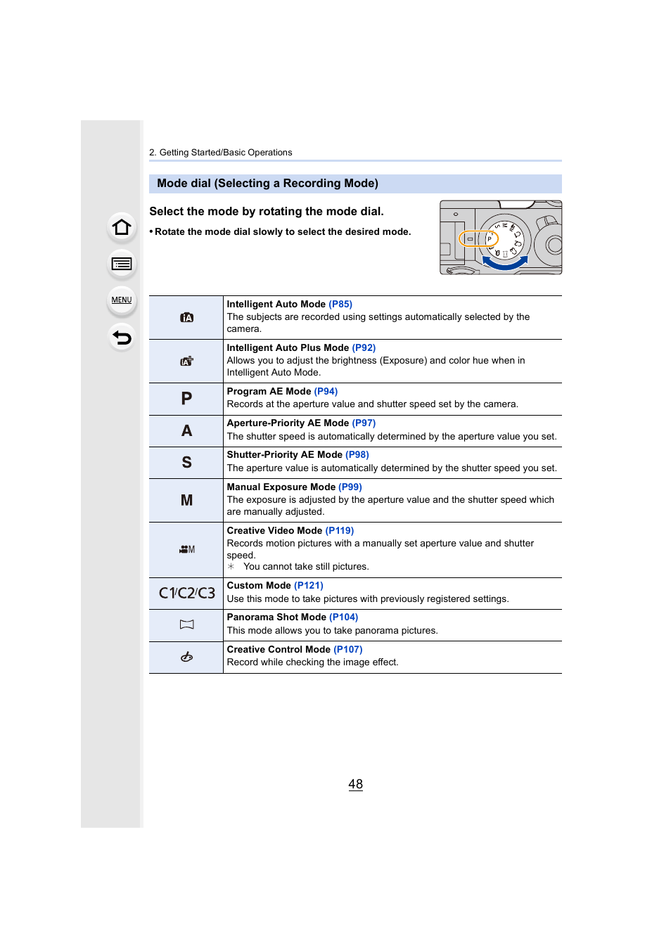 Mode dial (selecting a recording mode), P48), Dial | Select the mode by rotating the mode dial | Panasonic Lumix GX8 User Manual | Page 48 / 403