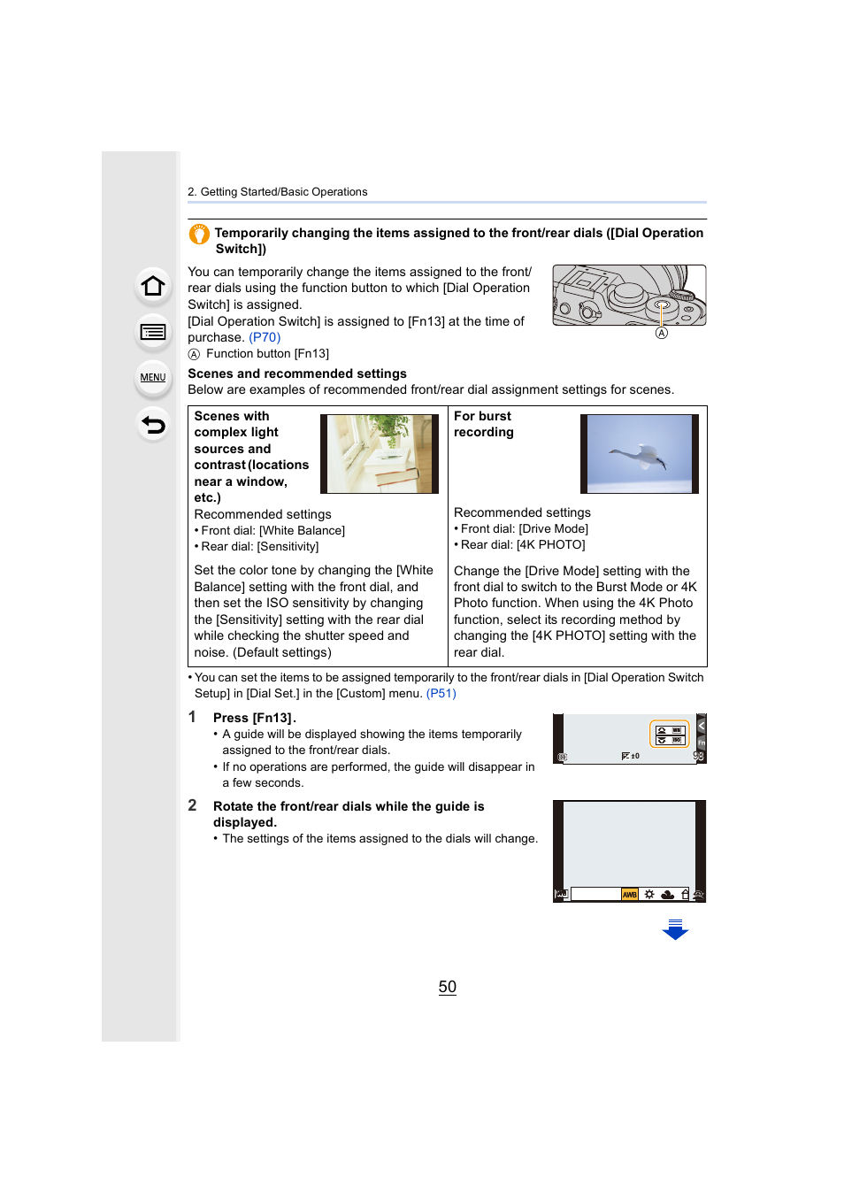 Press [fn13, For burst recording recommended settings | Panasonic Lumix GX8 User Manual | Page 50 / 403