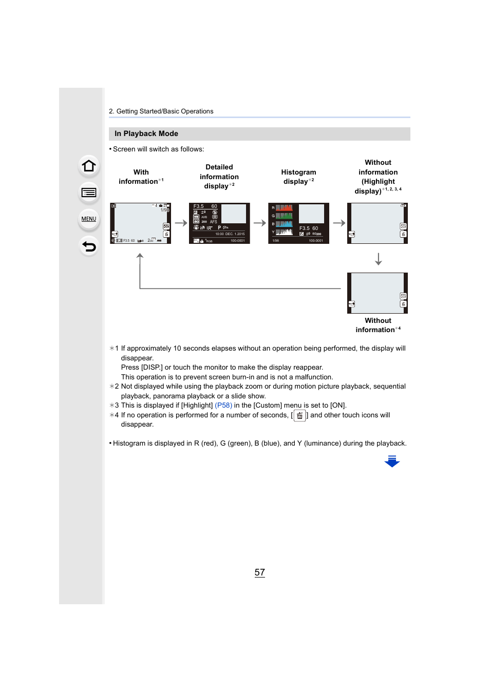With information, Detailed information display, Histogram display | Without information (highlight display), Without information, Getting started/basic operations | Panasonic Lumix GX8 User Manual | Page 57 / 403
