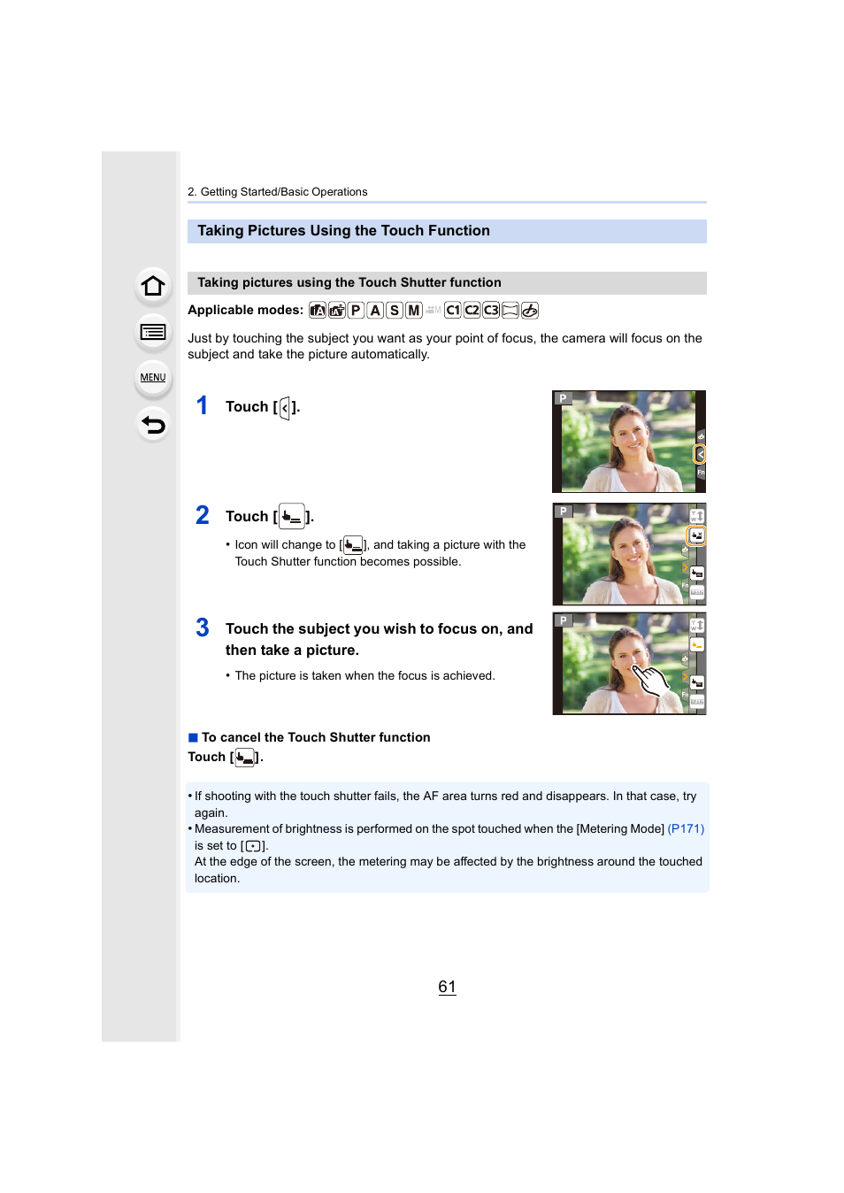 Taking pictures using the touch function | Panasonic Lumix GX8 User Manual | Page 61 / 403