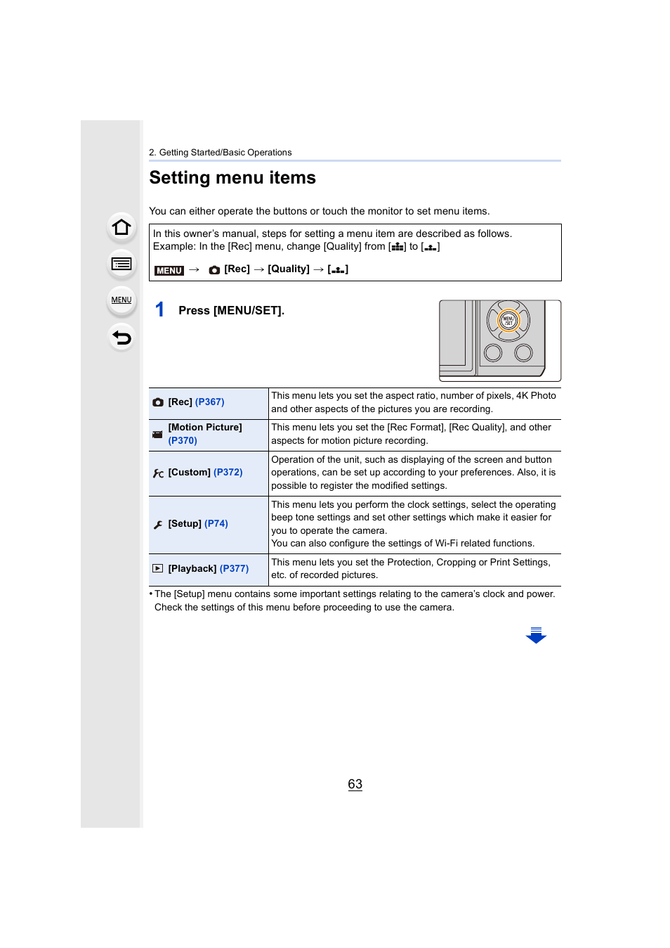 Setting menu items, P63) | Panasonic Lumix GX8 User Manual | Page 63 / 403