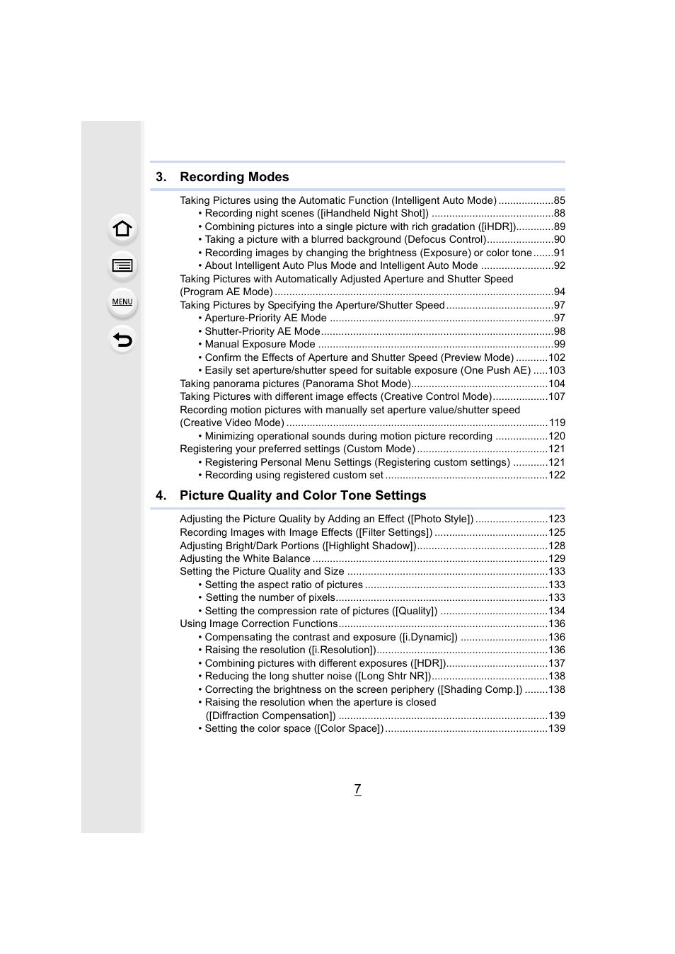 Recording modes, Picture quality and color tone settings | Panasonic Lumix GX8 User Manual | Page 7 / 403