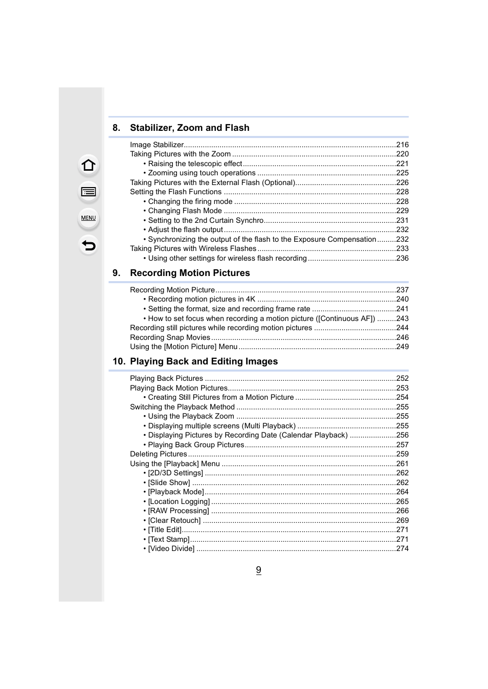 Stabilizer, zoom and flash, Recording motion pictures, Playing back and editing images | Panasonic Lumix GX8 User Manual | Page 9 / 403