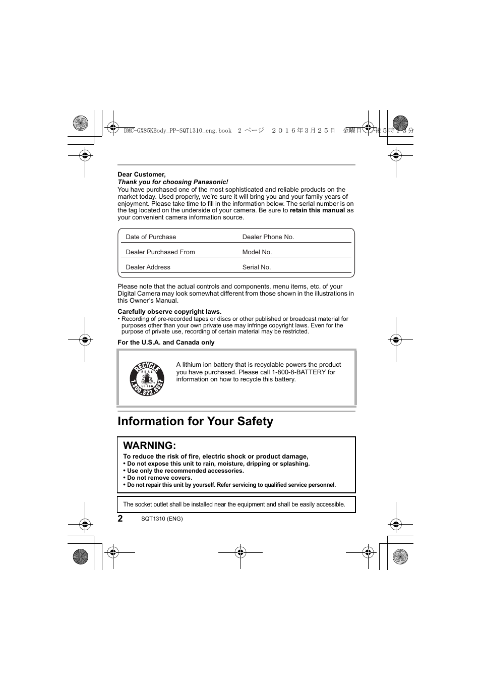 Information for your safety, Warning | Panasonic Lumix GX80 User Manual | Page 2 / 92