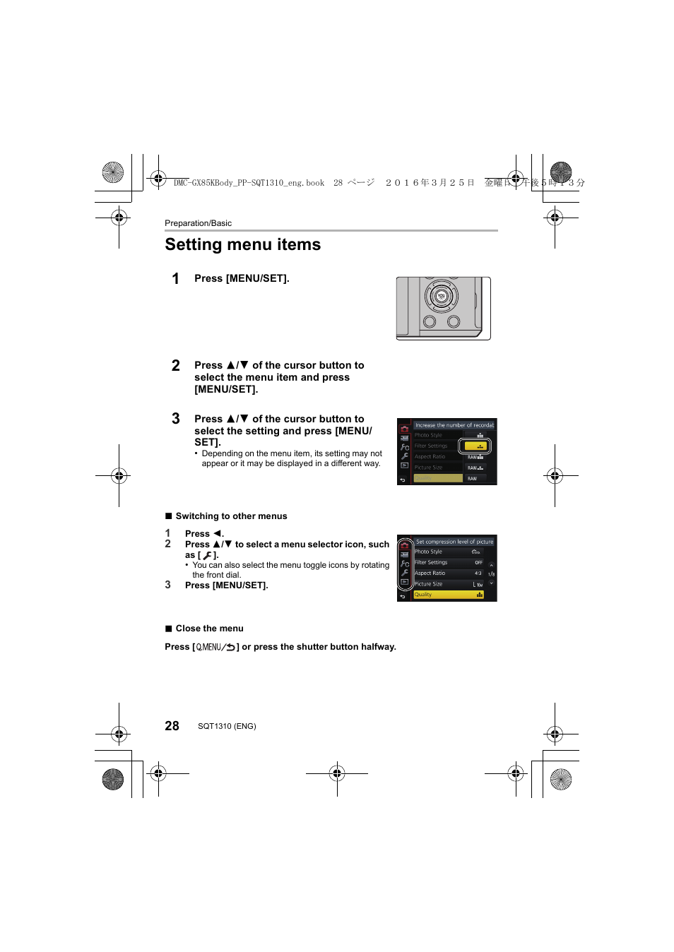Setting menu items | Panasonic Lumix GX80 User Manual | Page 28 / 92