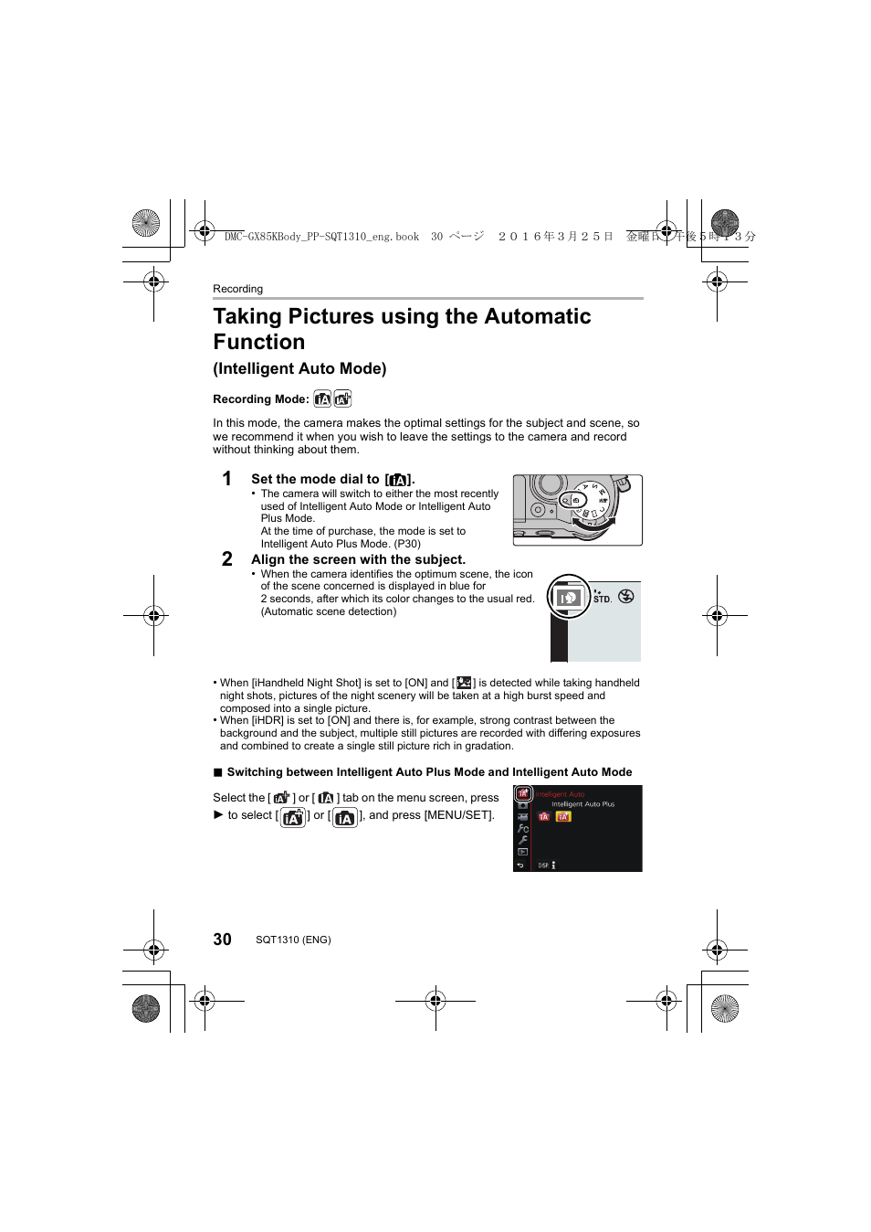 Taking pictures using the automatic function, Intelligent auto mode) | Panasonic Lumix GX80 User Manual | Page 30 / 92