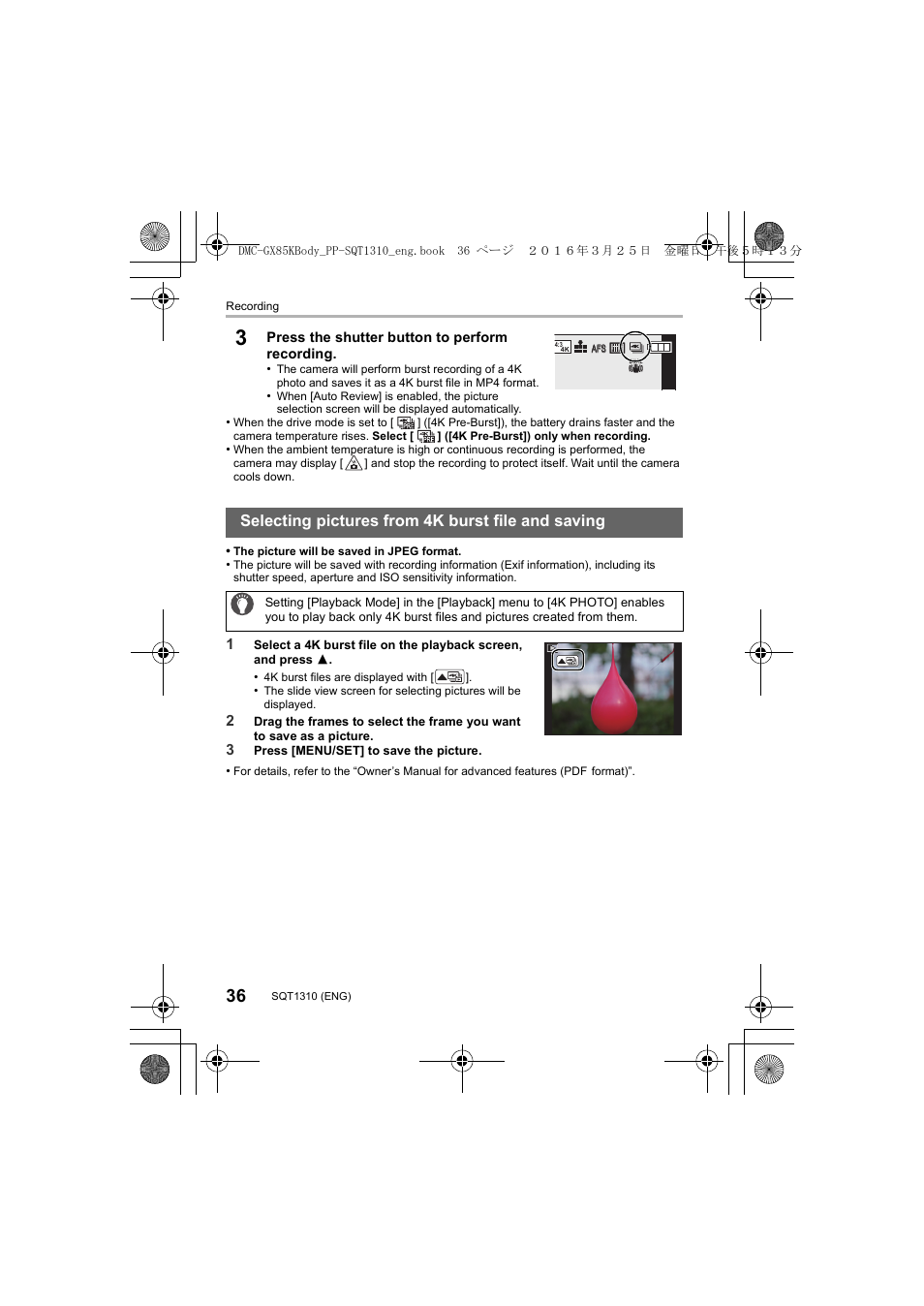 Selecting pictures from 4k burst file and saving | Panasonic Lumix GX80 User Manual | Page 36 / 92