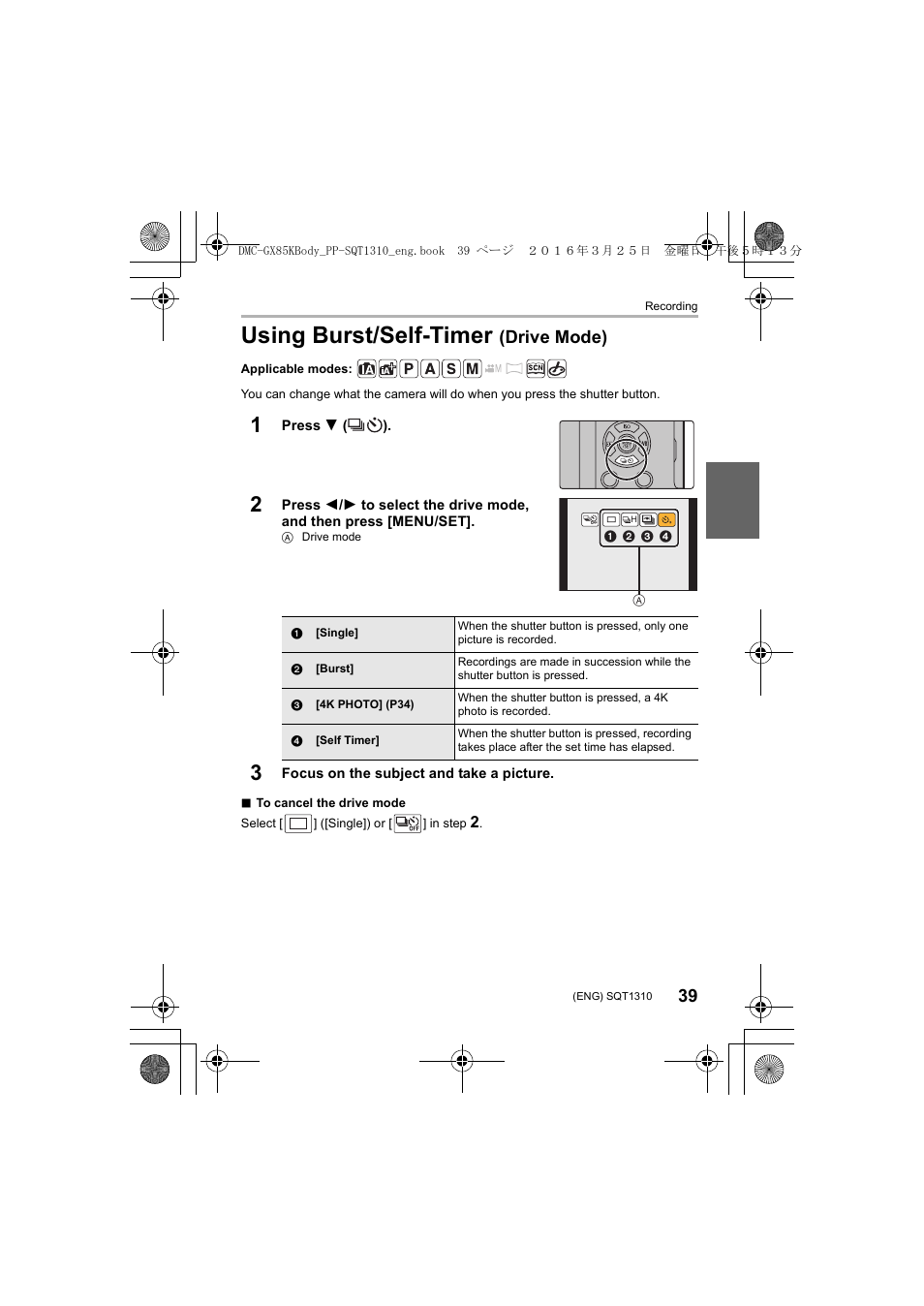 Using burst/self-timer, Drive mode) | Panasonic Lumix GX80 User Manual | Page 39 / 92