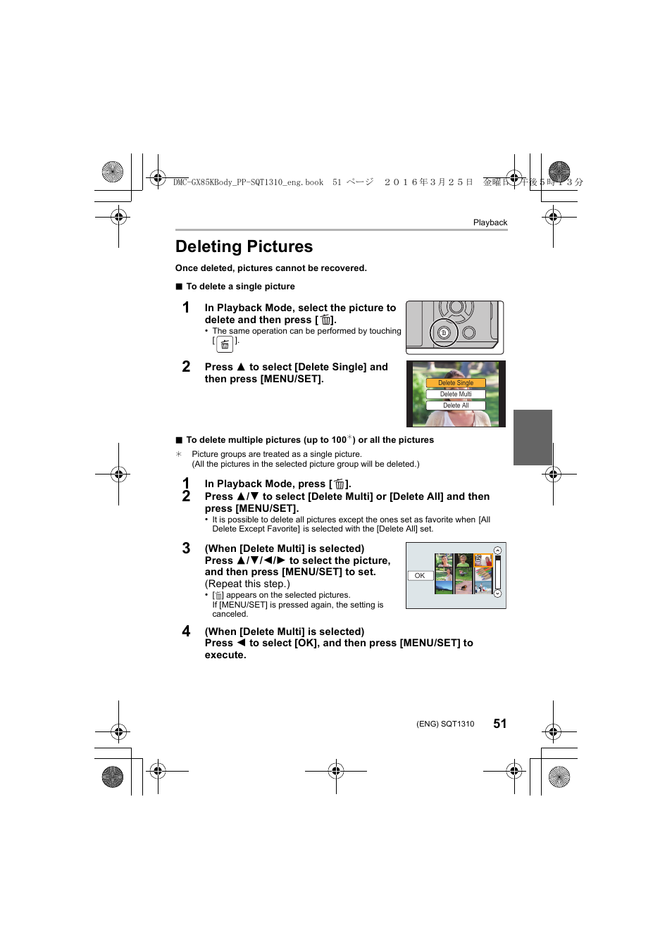 Deleting pictures | Panasonic Lumix GX80 User Manual | Page 51 / 92