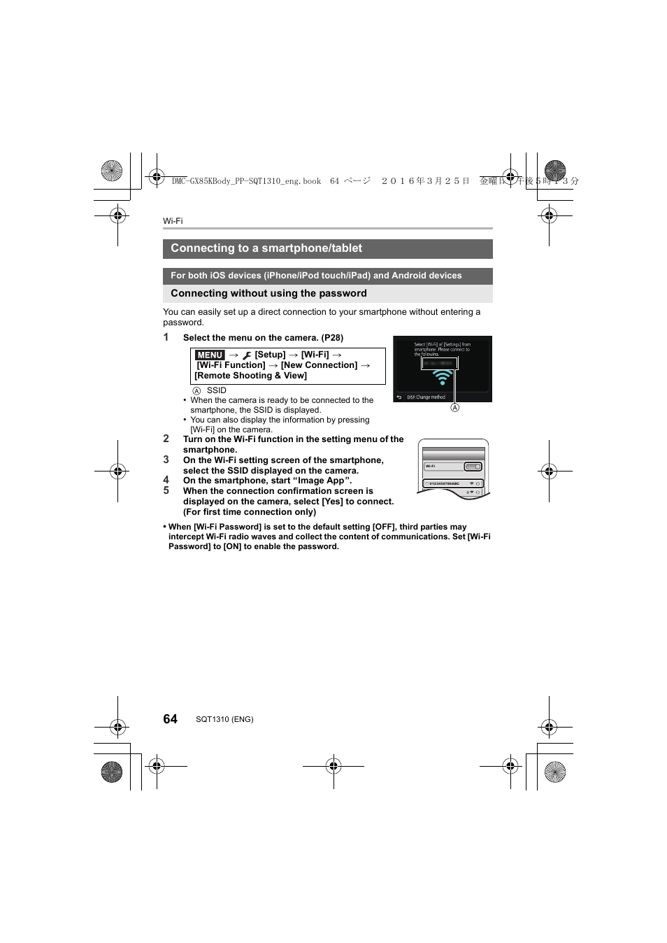 Connecting to a smartphone/tablet | Panasonic Lumix GX80 User Manual | Page 64 / 92