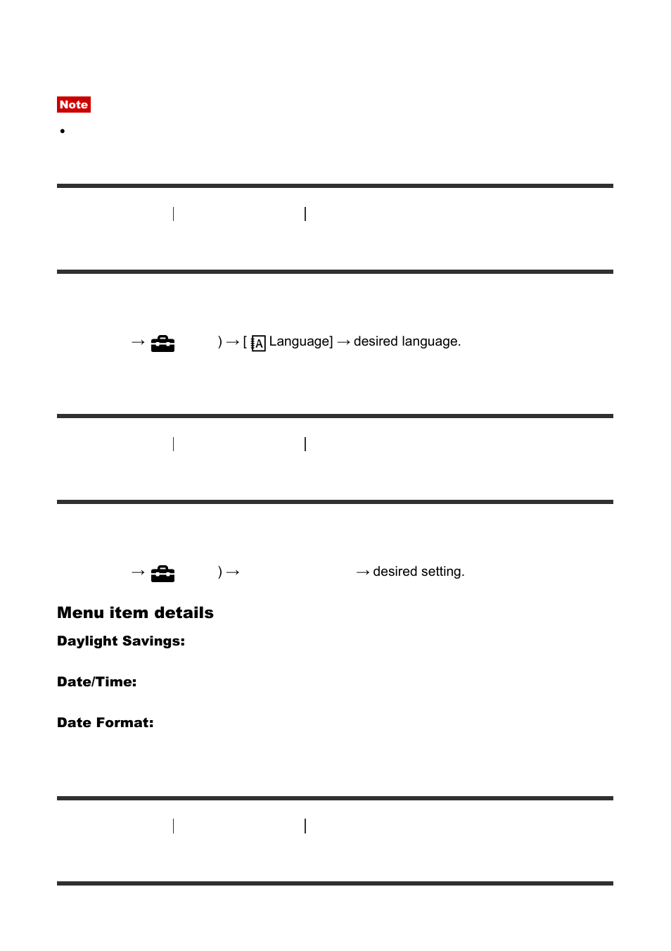 Language [195, Date/time setup [196, Area setting [197 | Language, Date/time setup, Area setting | Sony Cyber-shot DSC-RX100 IV User Manual | Page 186 / 259