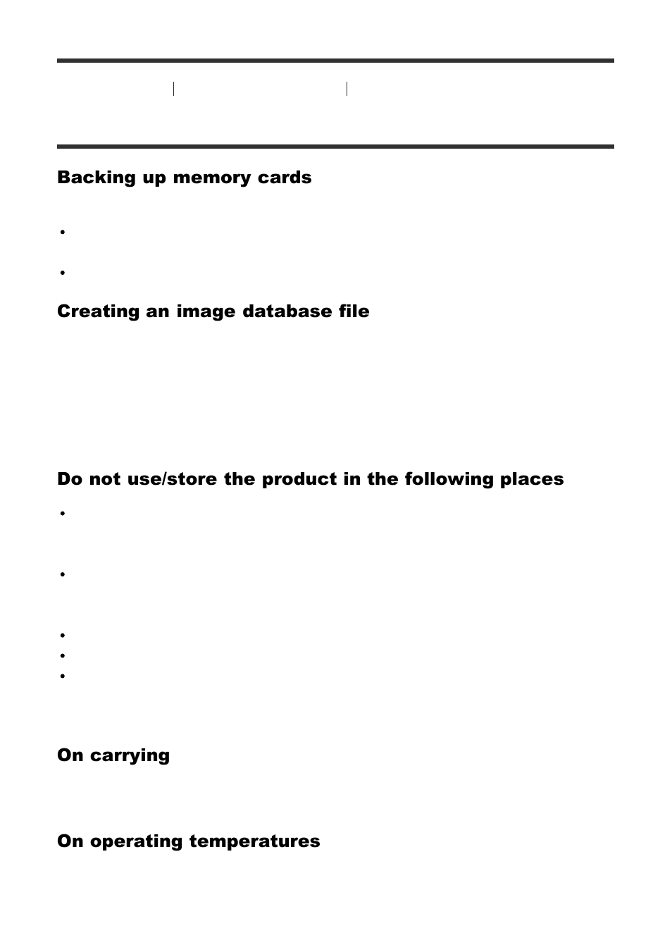 Precautions [252, Precautions, Creating an image database file | On carrying, On operating temperatures | Sony Cyber-shot DSC-RX100 IV User Manual | Page 221 / 259