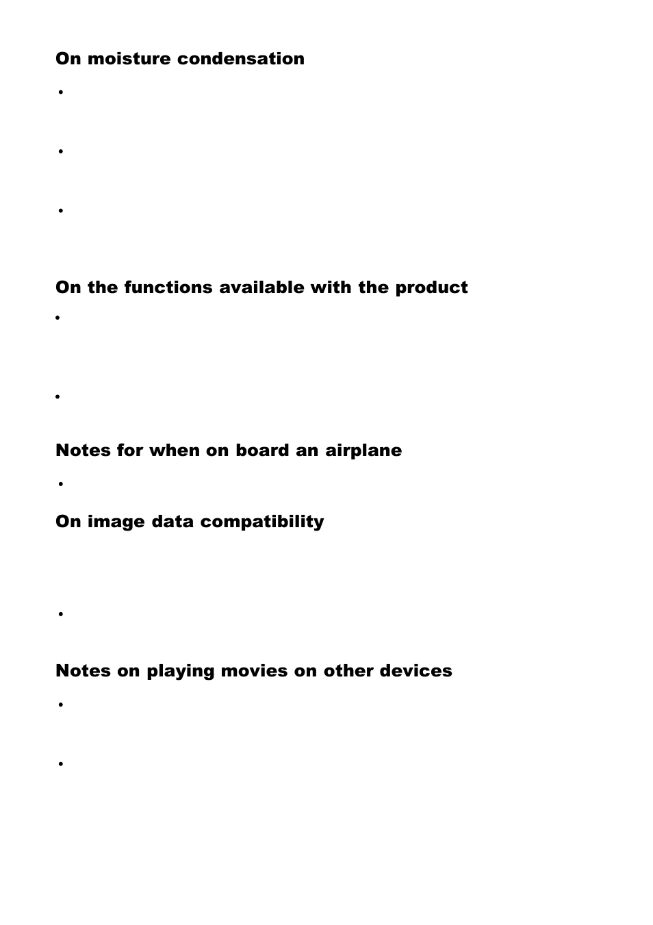 On moisture condensation, On the functions available with the product, On image data compatibility | Sony Cyber-shot DSC-RX100 IV User Manual | Page 222 / 259