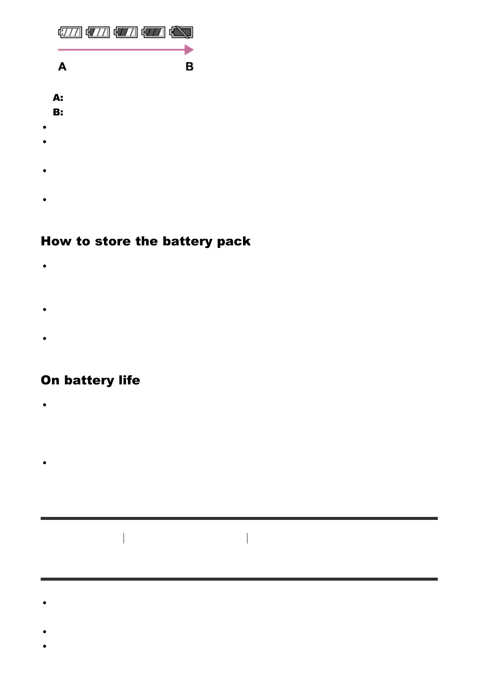 Charging the battery pack [255, Charging the battery pack, How to store the battery pack | On battery life | Sony Cyber-shot DSC-RX100 IV User Manual | Page 226 / 259